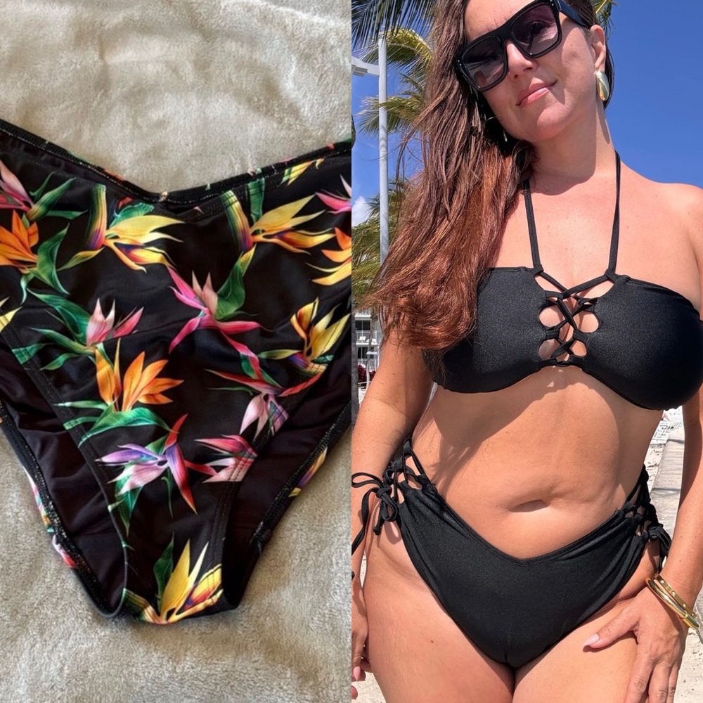 CURVY BEACH: Black and Orange Tropical Bikini Bottom with Side Ties